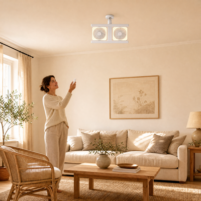 Plafonnier ventilateur double LED E27 Gemelys dans un salon lumineux, réglage à la télécommande