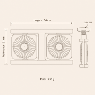 Plafonnier Ventilateur Double LED E27, 2 Têtes Orientables | Gemelys