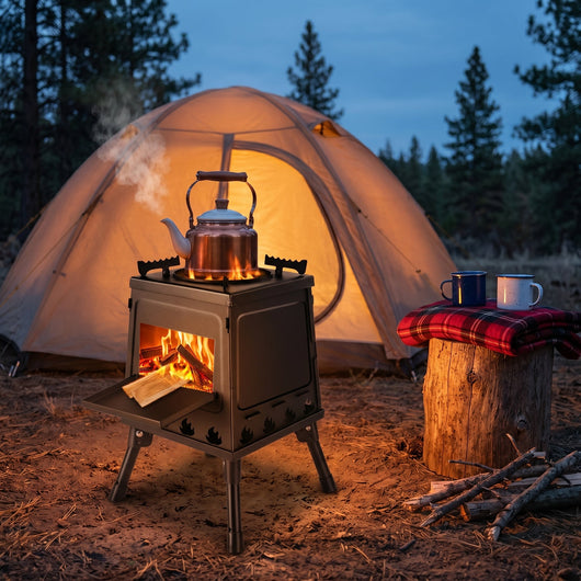 Réchaud de camping Rovnak devant la tente avec bouilloire au crépuscule