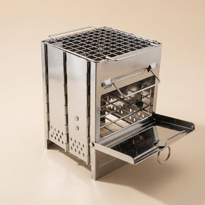 Poêle à bois camping pliable inox Kemnor avec grille charbon