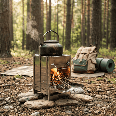 Réchaud bois camping Kemnor en forêt avec bouilloire au petit matin
