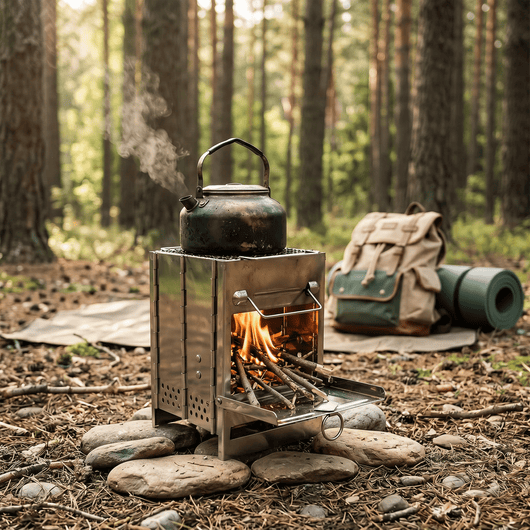 Réchaud bois camping Kemnor en forêt avec bouilloire au petit matin
