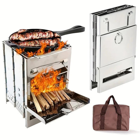 Réchaud bois camping pliable inox avec grille charbon