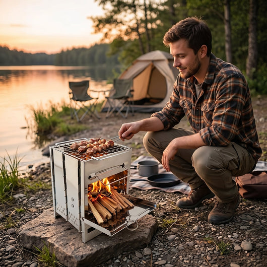 Grillades sur le réchaud bois camping Kemnor au bord du lac