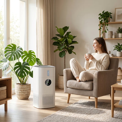 Purificateur d'air 2 en 1 humidificateur Imbrys dans un sejour avec plantes