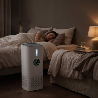 Purificateur d'air 2 en 1 humidificateur Imbrys en mode nuit dans une chambre