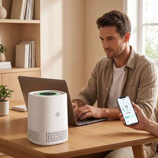 Purificateur d'air chambre HEPA Ozelya sur un bureau, pilotage WiFi