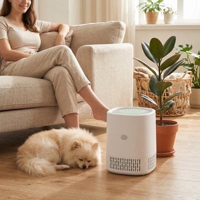 Purificateur d'air chambre HEPA Ozelya dans un salon, anti-poils d'animaux