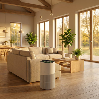 Purificateur d'air grande surface 120 m2 Idrane dans un grand salon lumineux