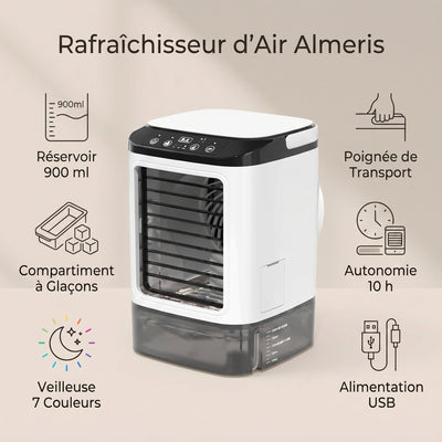 Caractéristiques du rafraîchisseur d'air Almeris : réservoir 900 ml, compartiment à glaçons, veilleuse 7 couleurs
