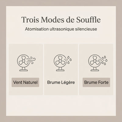 Trois modes de souffle du rafraîchisseur d'air Almeris : vent naturel, brume légère, brume forte