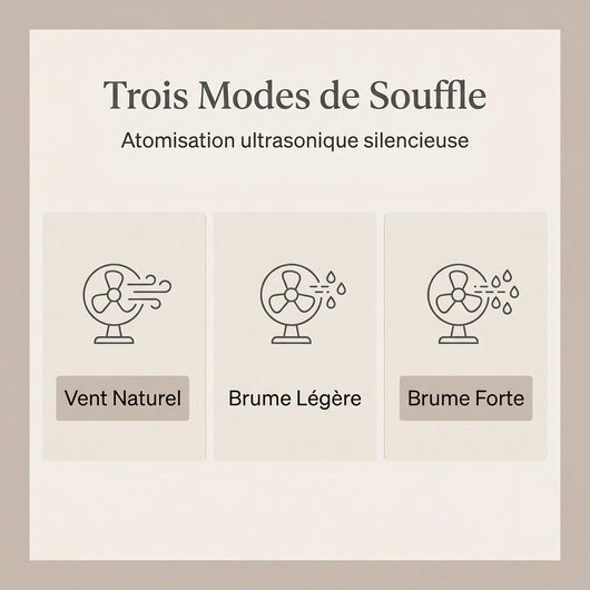Trois modes de souffle du rafraîchisseur d'air Almeris : vent naturel, brume légère, brume forte