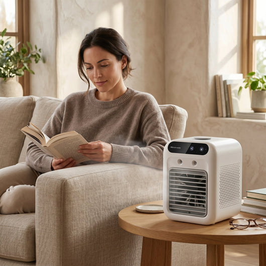 Rafraîchisseur d'air portable Ivelys sur une table de salon