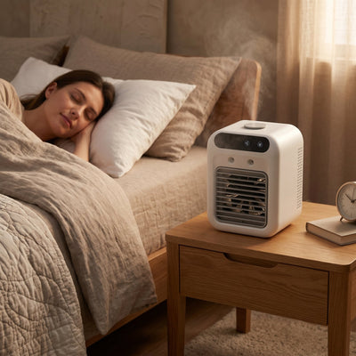 Rafraîchisseur d'air portable Ivelys sur une table de chevet