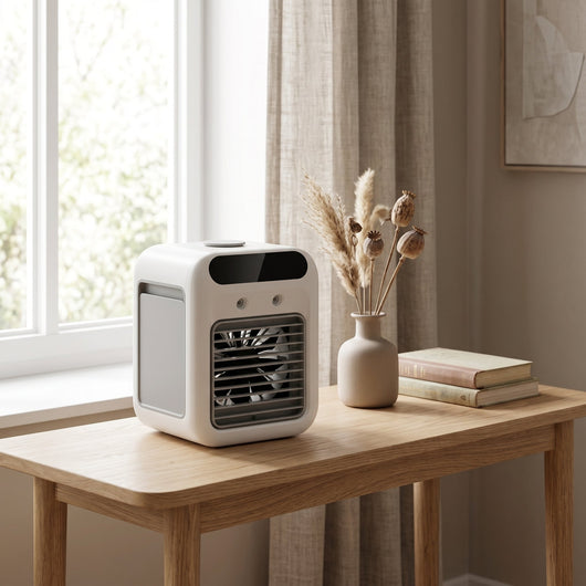 Rafraîchisseur d'air portable Ivelys sur une console près d'une fenêtre