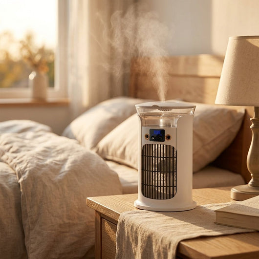 Rafraîchisseur d'air USB Onyra sur une table de chevet
