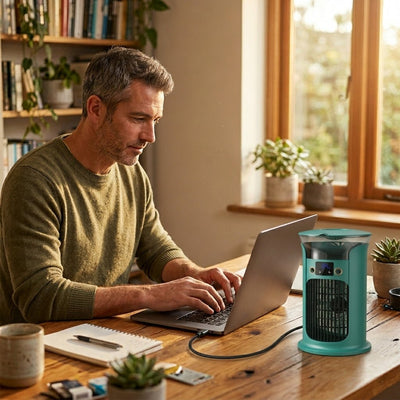 Rafraîchisseur d'air USB Onyra sur un bureau avec une personne