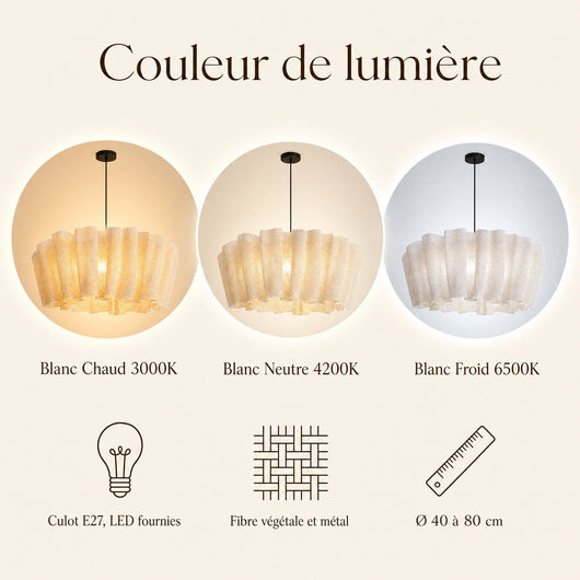 Suspension Abat-Jour Plissé Fibre Naturelle E27 Rinalya - Azeniah