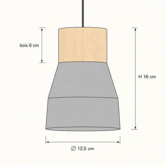 Suspension Béton Cône Brut et Bois Clair, Ø 12,5 cm Grésanne - Azeniah