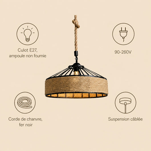 Suspension En Corde de Chanvre Ø 30 cm E27 Chanvira - Azeniah