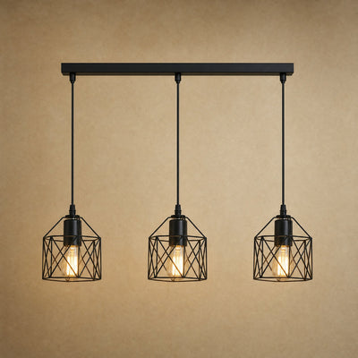 Suspension Industrielle 3 Cages Fer Noir E27 Feryne - Azeniah