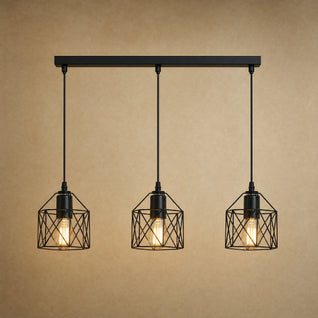 Suspension Industrielle 3 Cages Fer Noir Barre 50 cm | Feryne