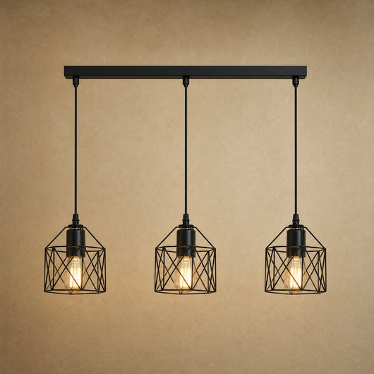 Suspension Industrielle 3 Cages Fer Noir E27 Feryne - Azeniah