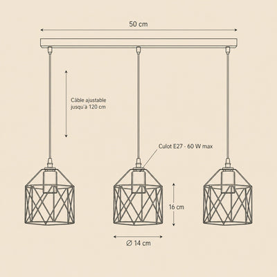 Suspension Industrielle 3 Cages Fer Noir E27 Feryne - Azeniah