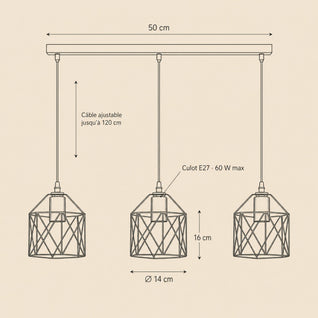 Suspension Industrielle 3 Cages Fer Noir Barre 50 cm | Feryne