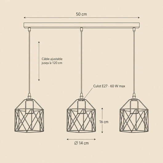 Suspension Industrielle 3 Cages Fer Noir E27 Feryne - Azeniah