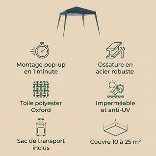 Tonnelle de Jardin 3x3 m Pop-up Pliable Acier Anti-UV Sac Inclus | Pavelis