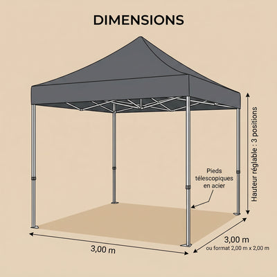 Dimensions de la tonnelle pliante 3x3 m et 2x2 m