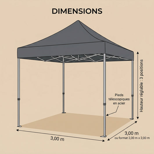 Dimensions de la tonnelle pliante 3x3 m et 2x2 m