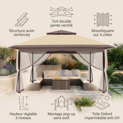 Caracteristiques de la tonnelle pliante Toldris : acier, double toit ventile, moustiquaire, Oxford anti-UV
