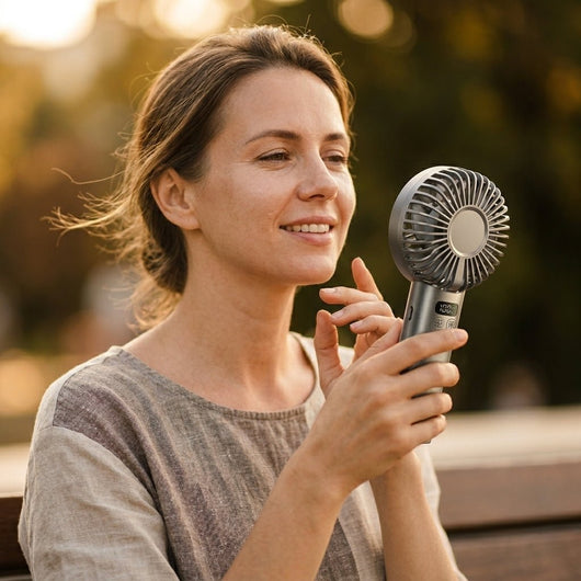 Femme utilisant le ventilateur à main refroidissant Selvora au parc