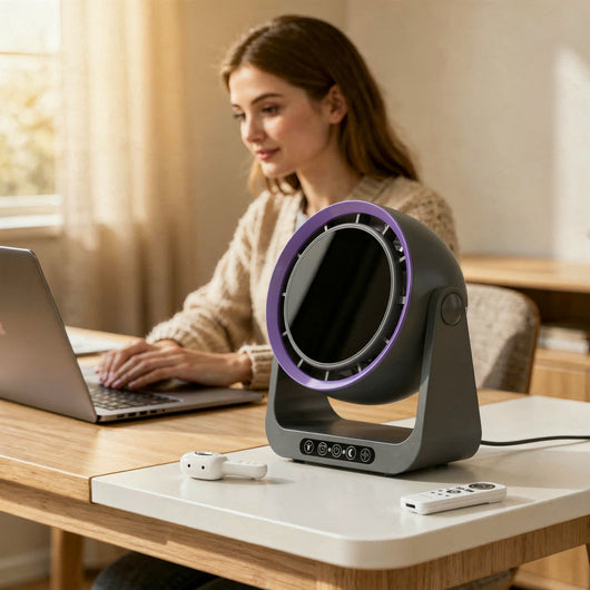 Ventilateur brasseur d'air Belyra sur un bureau avec telecommande