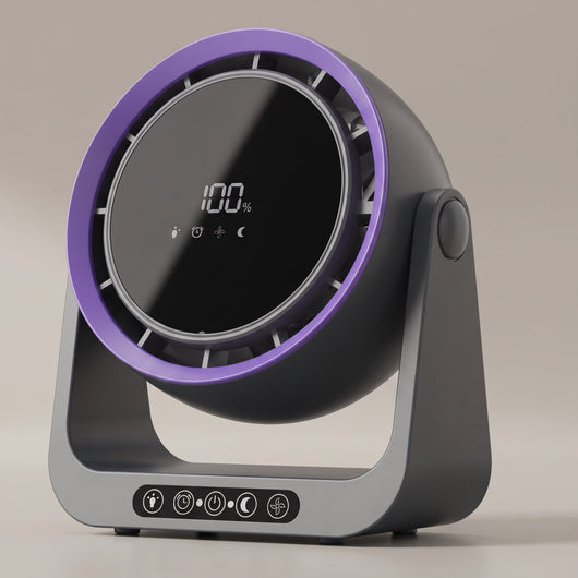 Ventilateur brasseur d'air de table Belyra gris, anneau violet