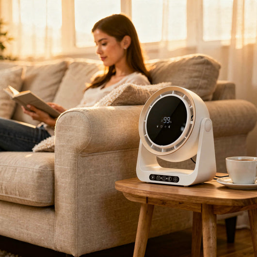Ventilateur brasseur d'air de table Belyra blanc dans un salon