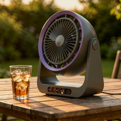 Ventilateur brasseur d'air Belyra gris sur une terrasse, sans fil