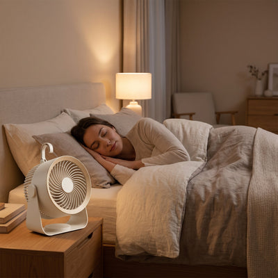 Ventilateur circulateur d'air sans fil Orvys sur une table de chevet