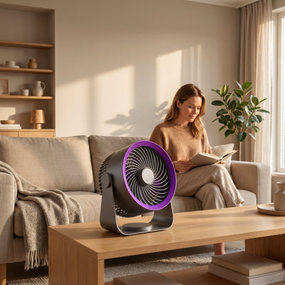 Ventilateur circulateur d'air sans fil Orvys dans un salon