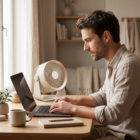 Ventilateur circulateur d'air sans fil Orvys sur un bureau