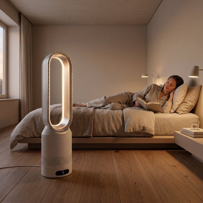 Ventilateur colonne sans pale Cirvane dans une chambre la nuit, anneau lumineux