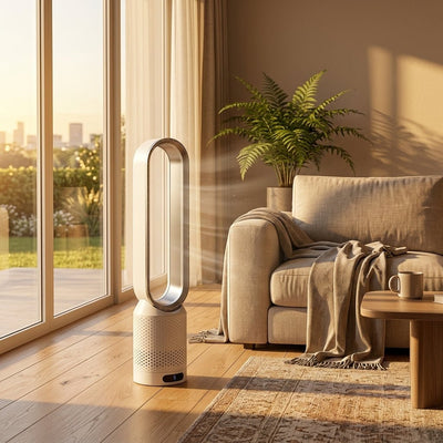 Ventilateur colonne sans pale Cirvane dans un salon moderne