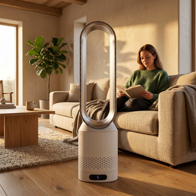 Ventilateur colonne sans pale Cirvane dans un salon avec une personne qui lit