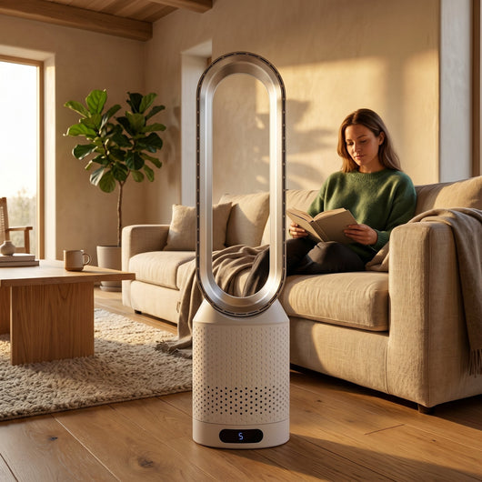 Ventilateur colonne sans pale Cirvane dans un salon avec une personne qui lit