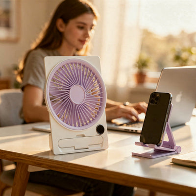 Ventilateur de bureau Nyssel sur un bureau, base support smartphone