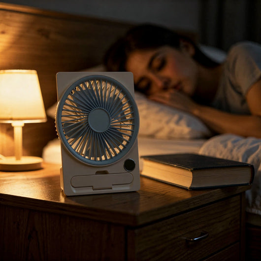 Ventilateur de bureau silencieux Nyssel bleu sur une table de chevet la nuit