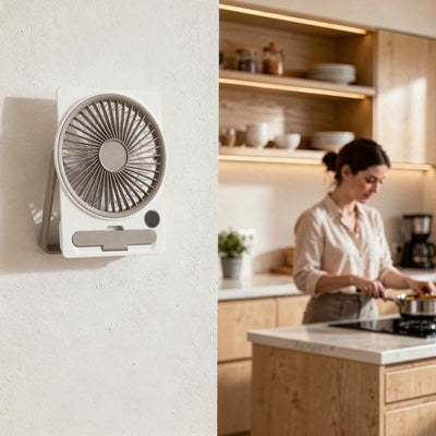 Ventilateur de bureau Nyssel blanc monte au mur dans une cuisine