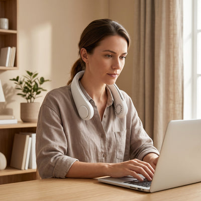 Femme au bureau portant le ventilateur de cou sans pale Felvyn